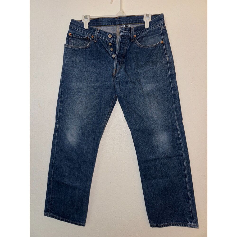 Vintage Levi's 501xx Mens W33 100% Cotton Dark Wash Button Fly Jeans (Hemmed) - Picture 2 of 11